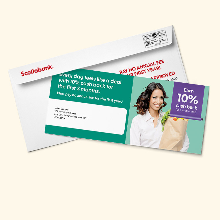 Direct mail piece and outer envelope for Scotiabank cash back credit card  offer 