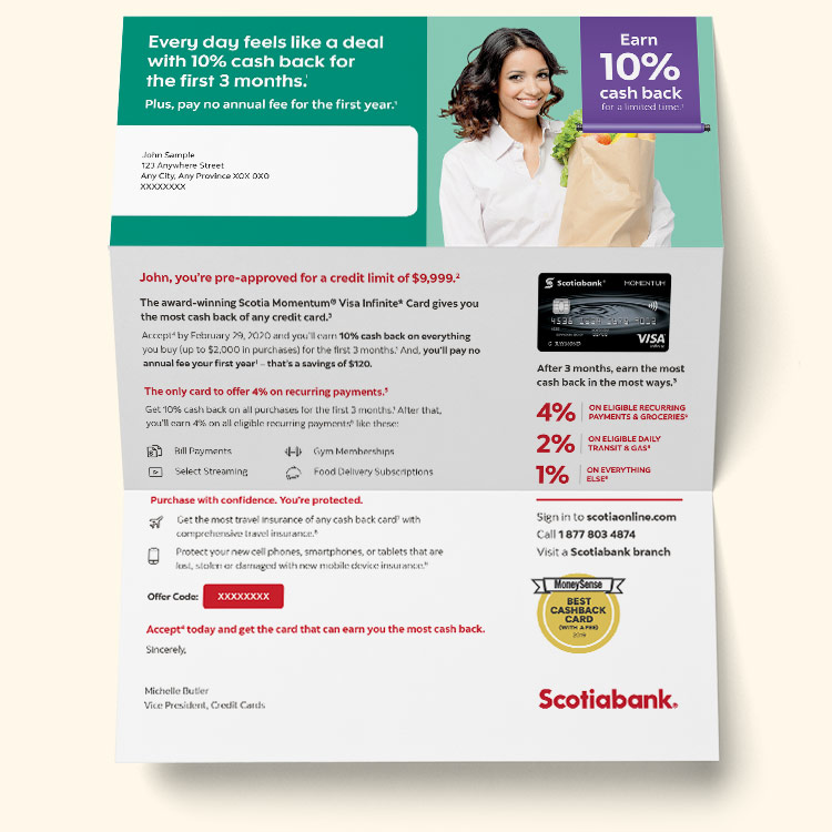 Unfolded direct mail piece for Scotiabank cash back credit card  offer